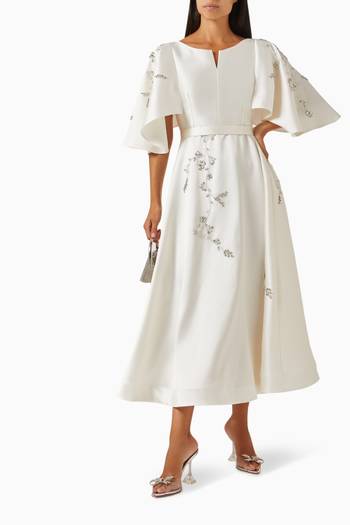 hover state of Embellished Cape-sleeve Dress in Brocade