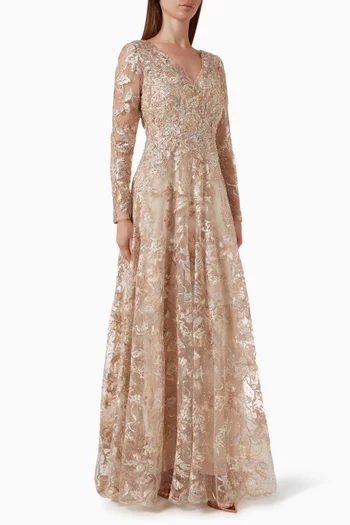 Embroidered A-line Gown