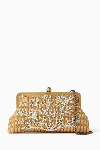 Coral Beaded Classic Clutch in Straw