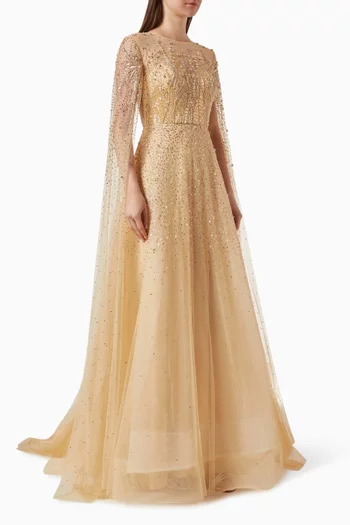 Embellished Cape-sleeve Gown in Tulle