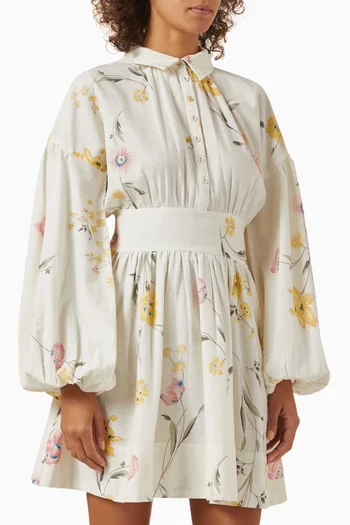 Floral-print Mini Shirt Dress in Cotton-linen Blend