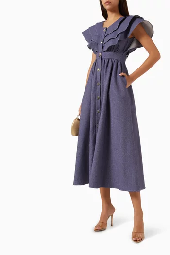 فستان كشكش متوسط الطول قطن