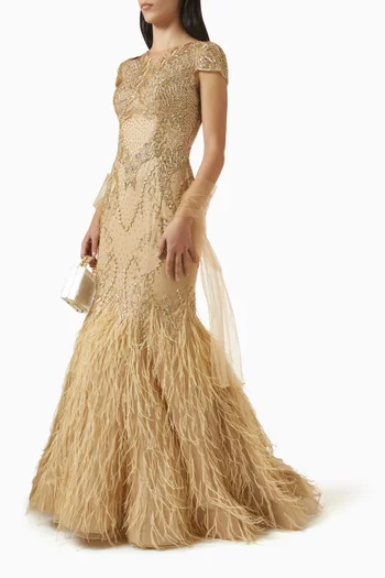Embellished Feather-hem Gown