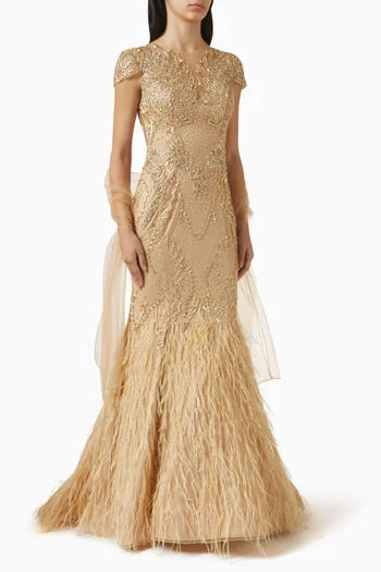 Embellished Feather-hem Gown