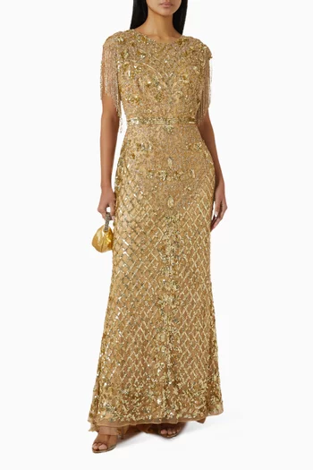 Sequin Fringe Gown in Mesh