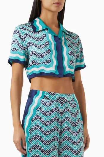 Monogram Wave Cropped Shirt in Silk Satin
