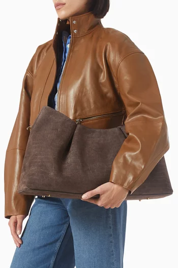 Large Dimple Tote Bag in Croc-embossed Suede