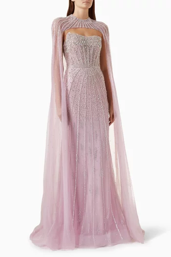 Bead-embellished Cape Dress in Tulle