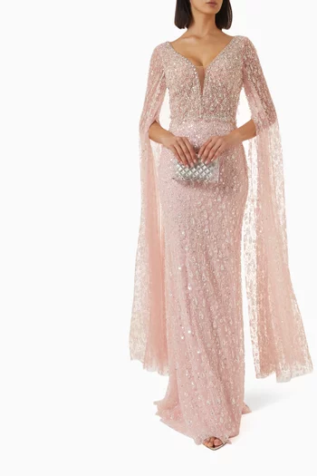 Crystal-embellished Cape Dress in Tulle
