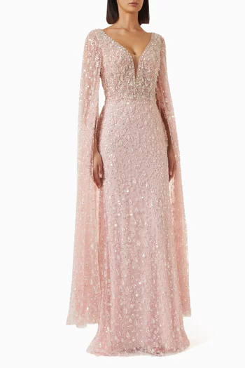 Crystal-embellished Cape Dress in Tulle