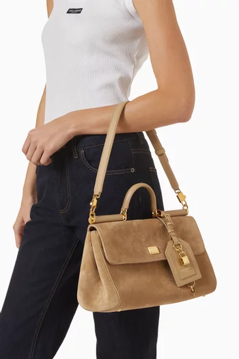 Medium Sicily Long Top-handle Bag in Suede