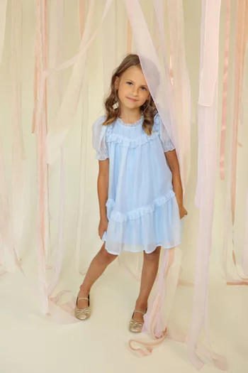 Ruffled-trim Puff-sleeves Dress