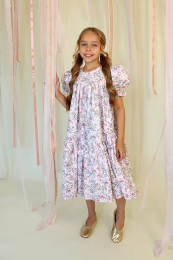 Floral-print Puff-sleeves Dress
