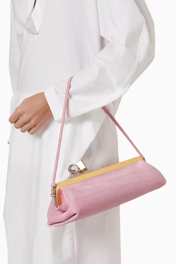 Small La Pochette Salon Shoulder Bag in Croc-embossed Suede