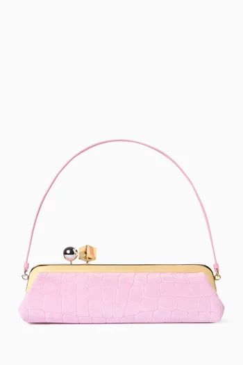 Small La Pochette Salon Shoulder Bag in Croc-embossed Suede