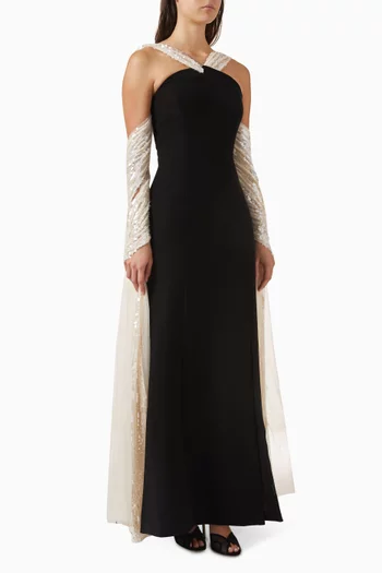 فستان سهرة بوشاح مطرز بالترتر