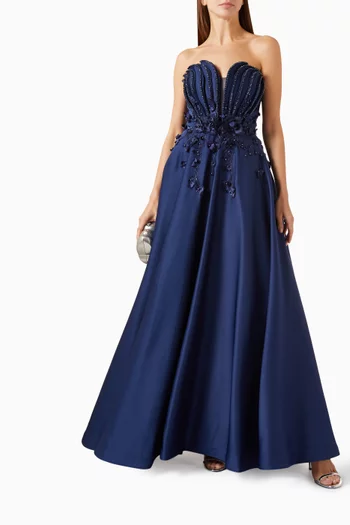Strapless Floral Beaded Gown in Satin
