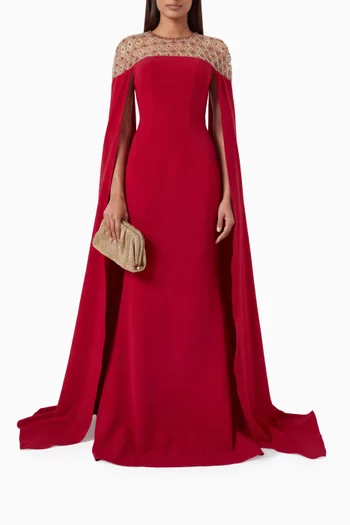 Embellished Cape Gown in Crepe