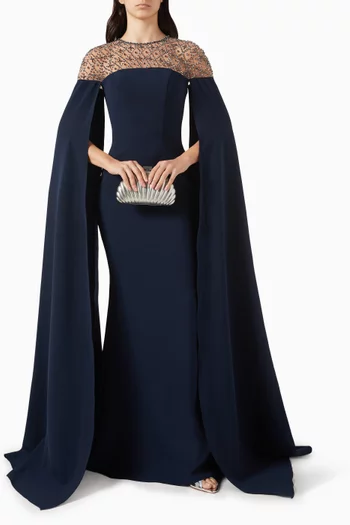 Embellished Cape Gown in Crepe