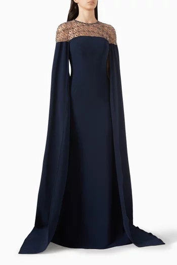 Embellished Cape Gown in Crepe