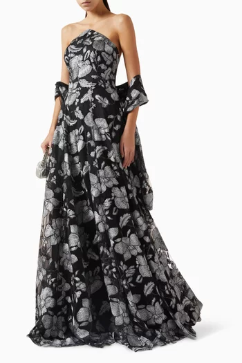 Embroidered Shawl Gown in Tulle
