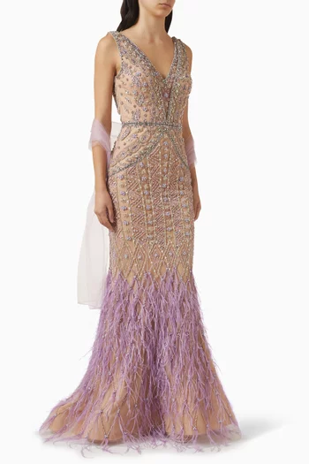 Embellished Feather-trim Gown