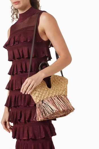 Small Goldentime Fringe Tote in Raffia