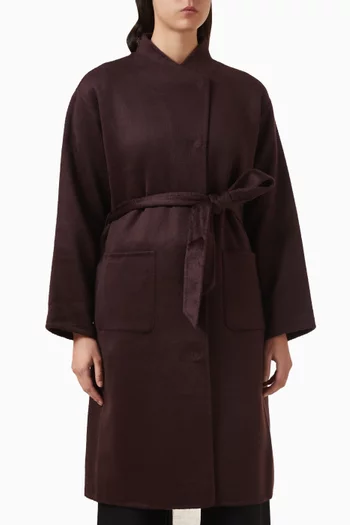 High-collar Belted Coat in Wool