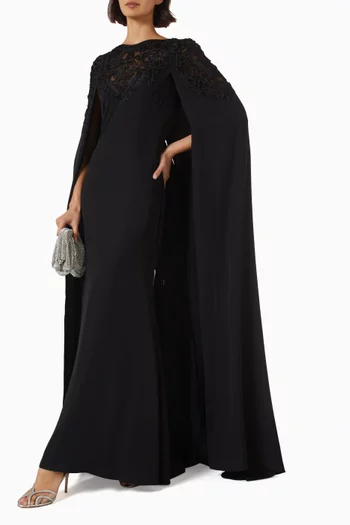 Embroidered Lace Long Cape Gown in Crepe