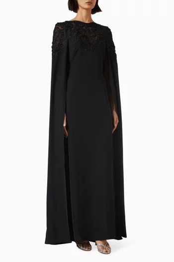 Embroidered Lace Long Cape Gown in Crepe
