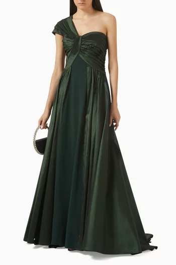 One-shoulder Pleated Gown in Crepe Taffeta