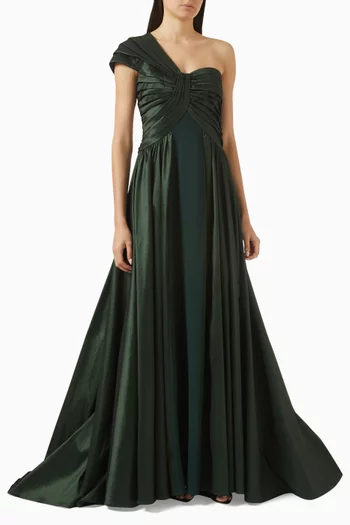One-shoulder Pleated Gown in Crepe Taffeta