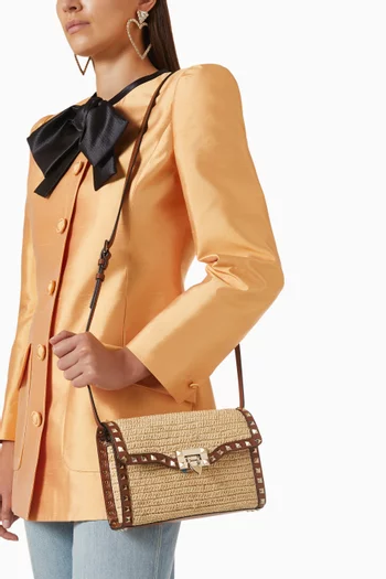 Small Rockstud Shoulder Bag in Raffia & Leather
