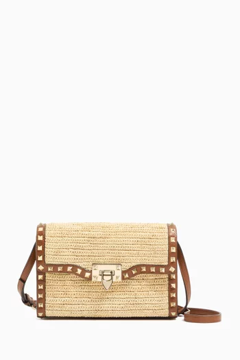 Small Rockstud Shoulder Bag in Raffia & Leather