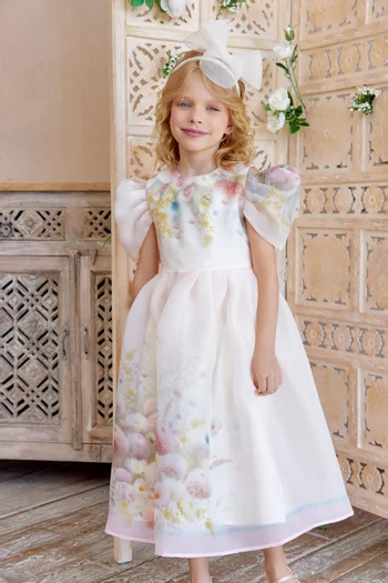 Floral Puff-sleeves Dress in Organza