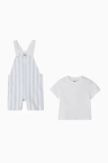 Striped Logo Dungaree Set in Stretch Cotton