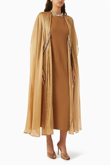 Embellished Cape Dress in Chiffon & Crepe