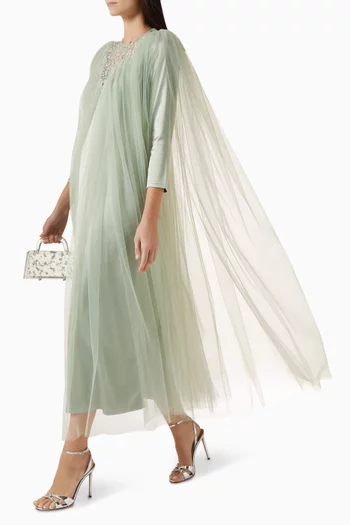 Floral-embroidered Cape Dress in Tulle & Crepe