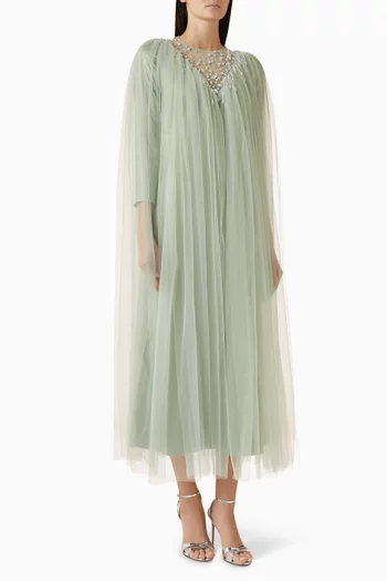 Floral-embroidered Cape Dress in Tulle & Crepe