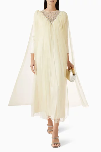 Floral-embroidered Cape Dress in Tulle & Crepe