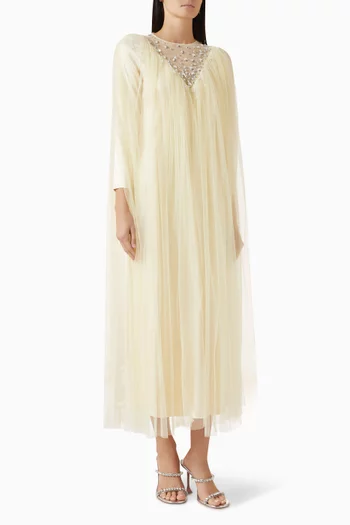 Floral-embroidered Cape Dress in Tulle & Crepe