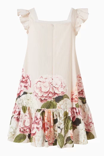 Hydrangea-Print Striped Canvas Dress
