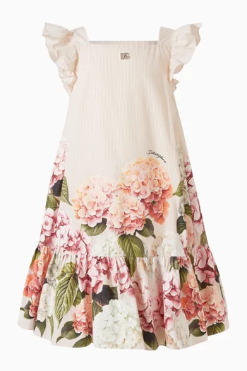 Hydrangea-Print Striped Canvas Dress
