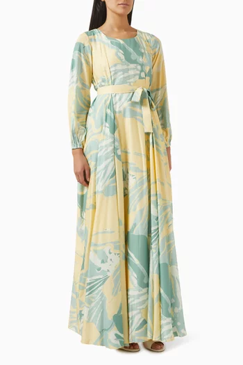 Floral-print Belted Dress in Muslin Cotton Silk