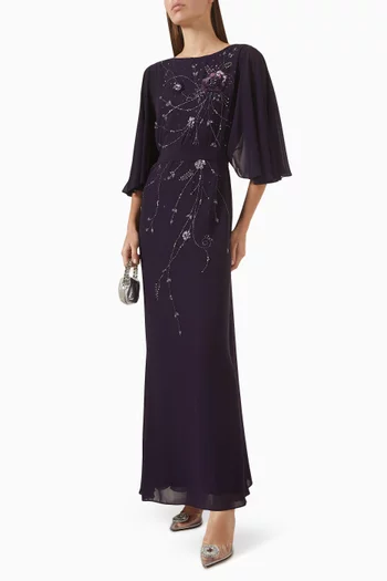 Bead-embellished Belted Dress in Chiffon