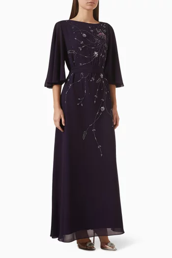 Bead-embellished Belted Dress in Chiffon