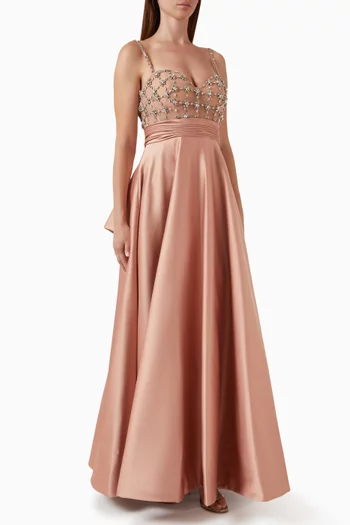 Embellished Bodice Sweetheart Neck Ball Gown in Satin