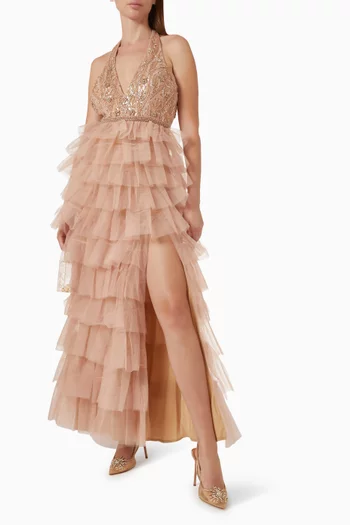 Embellished Halter Neck Tiered Ruffle Gown in Mesh & Tulle