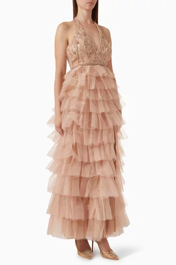 Embellished Halter Neck Tiered Ruffle Gown in Mesh & Tulle