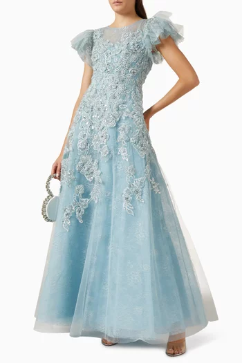 Floral Sheer Neckline Gown in Mesh